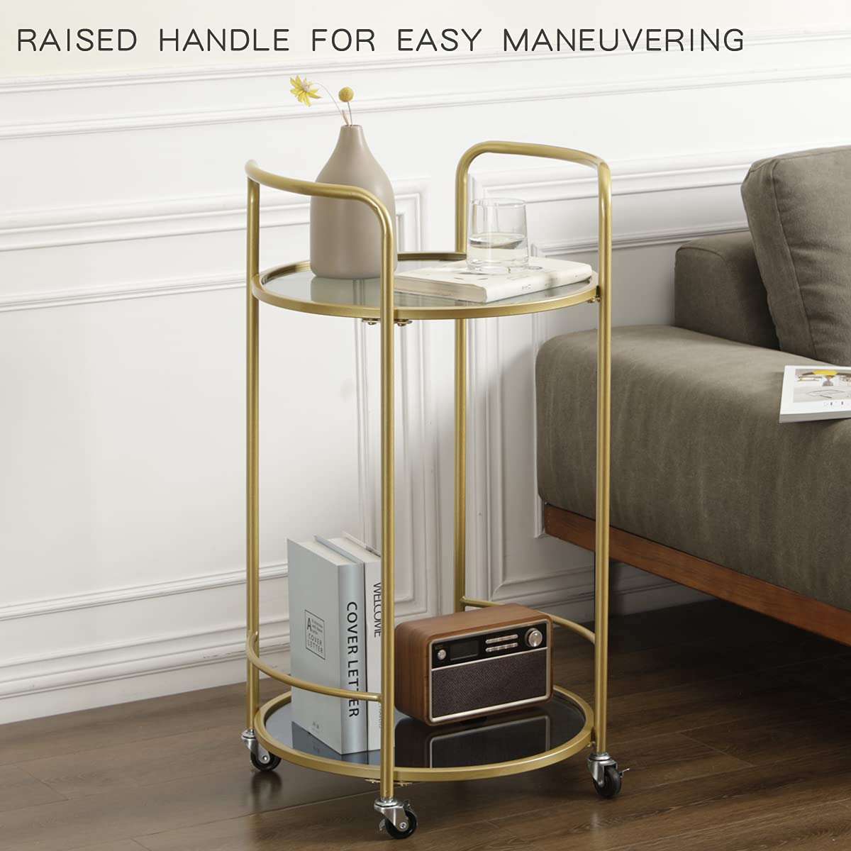 ZIOTHUM Round Bar Cart, Gold Bar Cart, Rolling Metal Small Wine Liquor