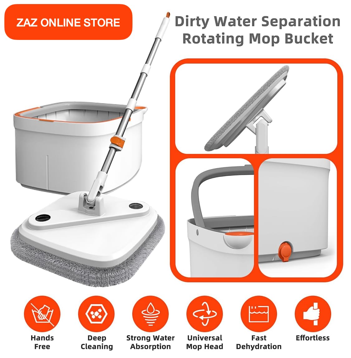 ZAZ Rotatory Spin Mop and Bucket Set con self Clean and Dirt Water Separation System, Self-Wringing 360° Rotating Square Mop Head for All kind of Floor Surfaces