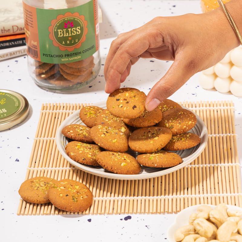 Image of Bliss by Anju Pistachio Protein Cookies with Saffron 350 g | 58.7g Protein per Pack | Made with Channa Sattu, Pistachios, Dates & Jaggery | No Oil, No Dairy, No Preservatives