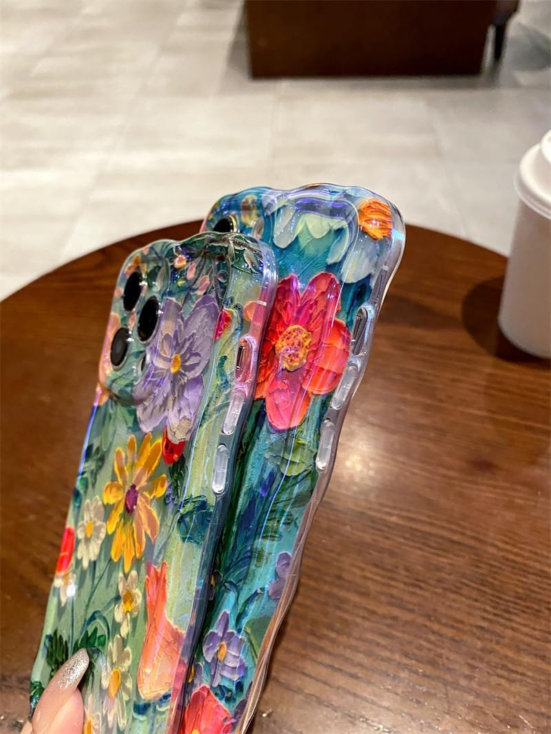 for iPhone 14 Pro Max Case, Colorful Retro Oil Painting Printed Flower Laser Glossy Pattern Cute Curly Wave Edge Exquisite Phone Cover Stylish Durable TPU Protective Case (Red Yellow Blue)
