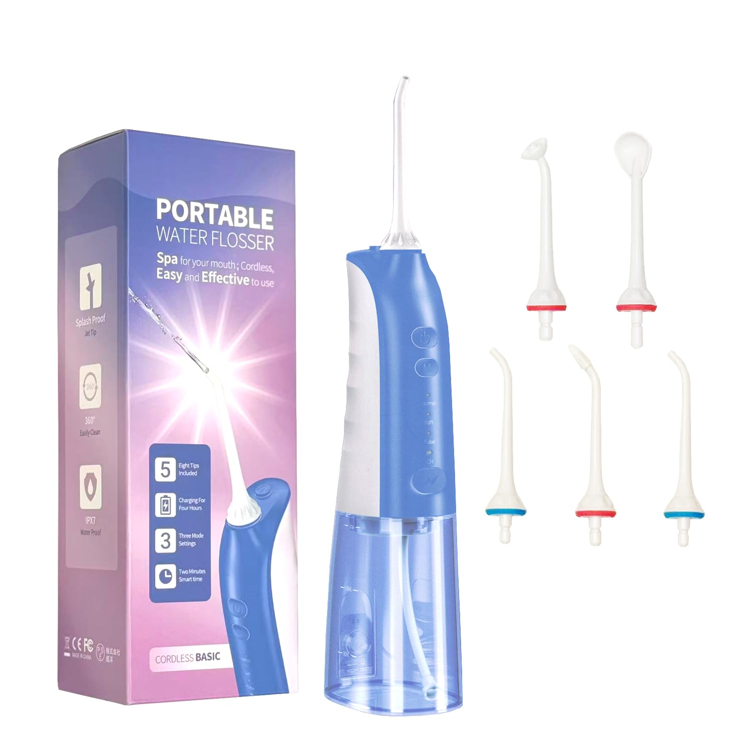 Water Flosser Pick Cordless Teeth Cleaner Dental Irrigator 5 Replaceable Jet Tips Rechargeable 3-Mode IPX7 Waterproof Rating Professional