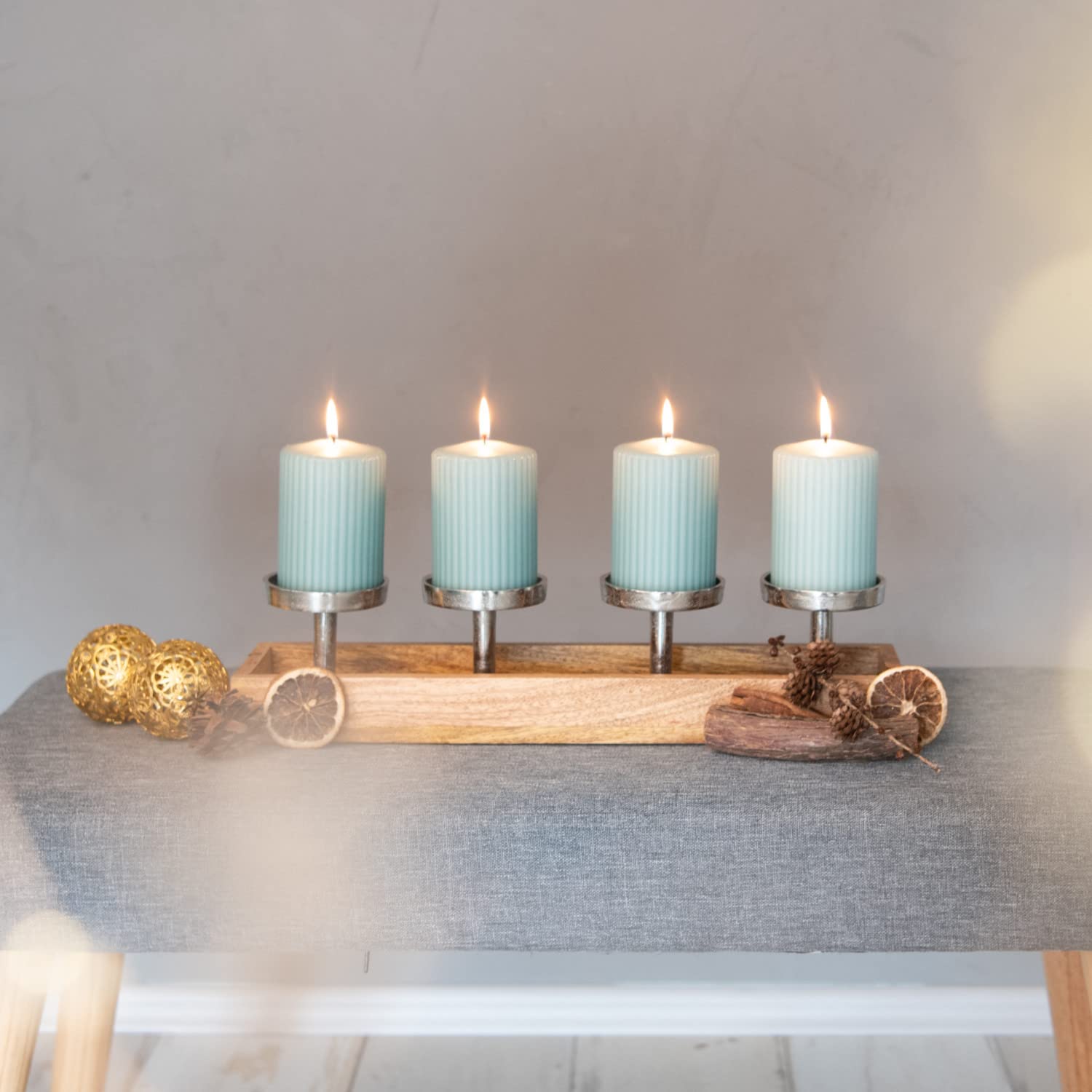Adventskranz Holz Advent Kerzenhalter länglich modern Kerzenständer 4 Stumpenkerzen Adventskranz Weihnachtsdeko Fenster Holz Adventsschale Kerzenleuchter Ohne Dorn Kerzentablett Adventsgesteck Lang