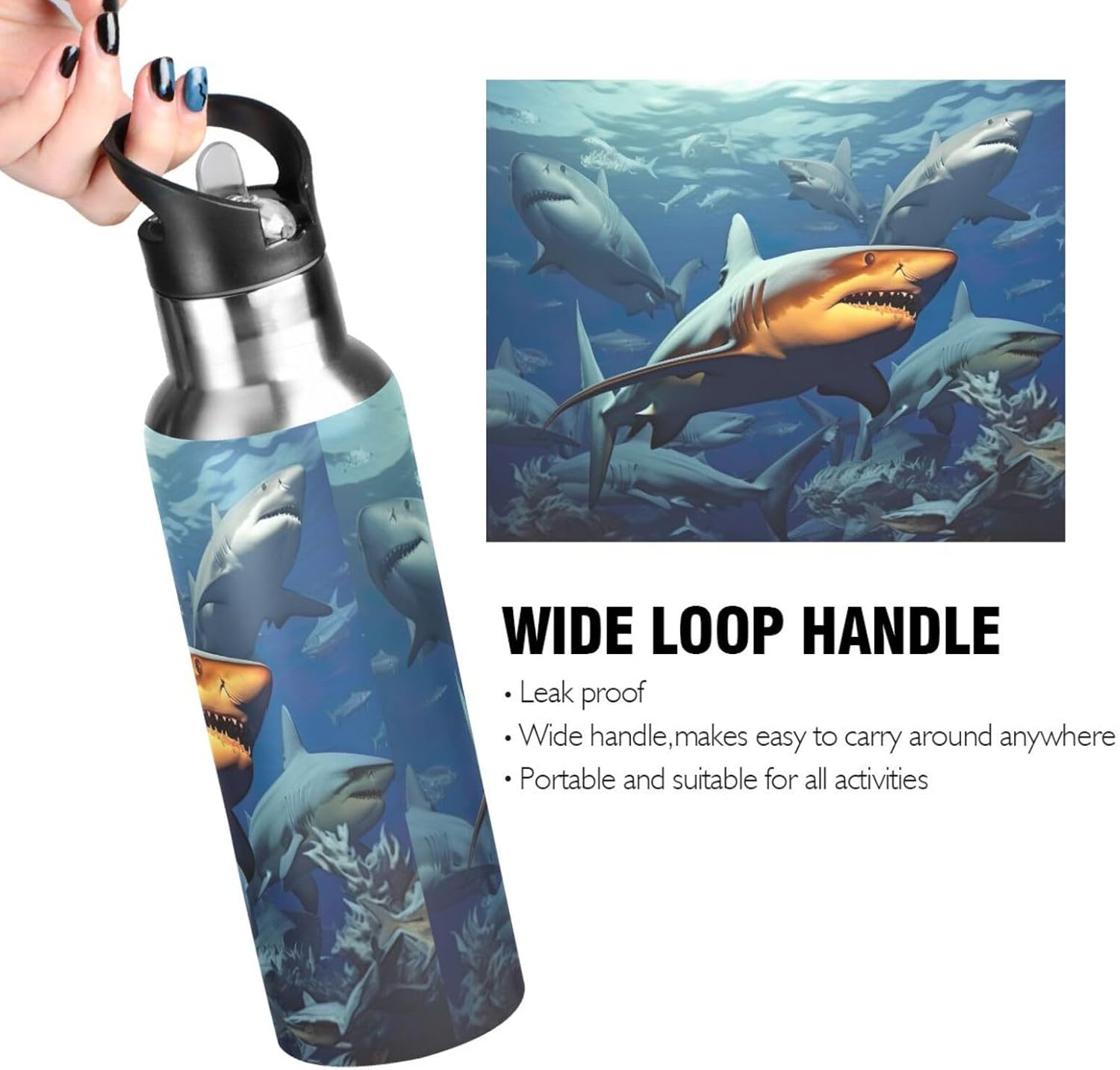 Kigai Ocean Shark Stainless Steel Water Bottle 20 oz BPA-Free Vacuum Insulated Sports Water Bottle Leakproof Wide Mouth Gym Bottle with Straw Lid for Outdoor Cycling Fitness