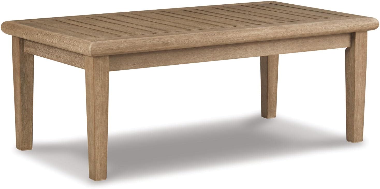 Signature Design by Ashley Gerianne Outdoor Coffee Table, Eucalyptus Wood With 5‑Step Protective Finish & Slatted Top for Rain Shedding, Durable for Outside Patio Use, Brown
