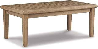Signature Design by Ashley Gerianne Contemporary Outdoor Rectangular Cocktail Table, Slatted Top Sheds Rainwater, Eucalyptus Wood, 50" W x 26" D x 18.63" H, Beige