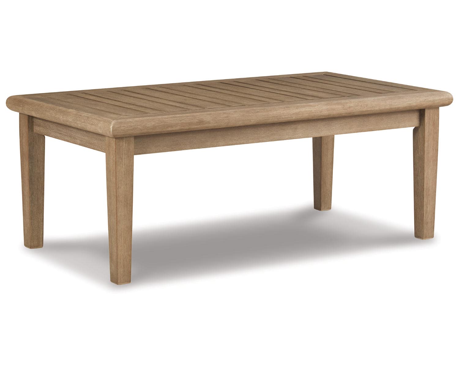 Signature Design by Ashley Gerianne Contemporary Outdoor Rectangular Cocktail Table, Slatted Top Sheds Rainwater, Eucalyptus Wood, 50" W x 26" D x 18.63" H, Beige