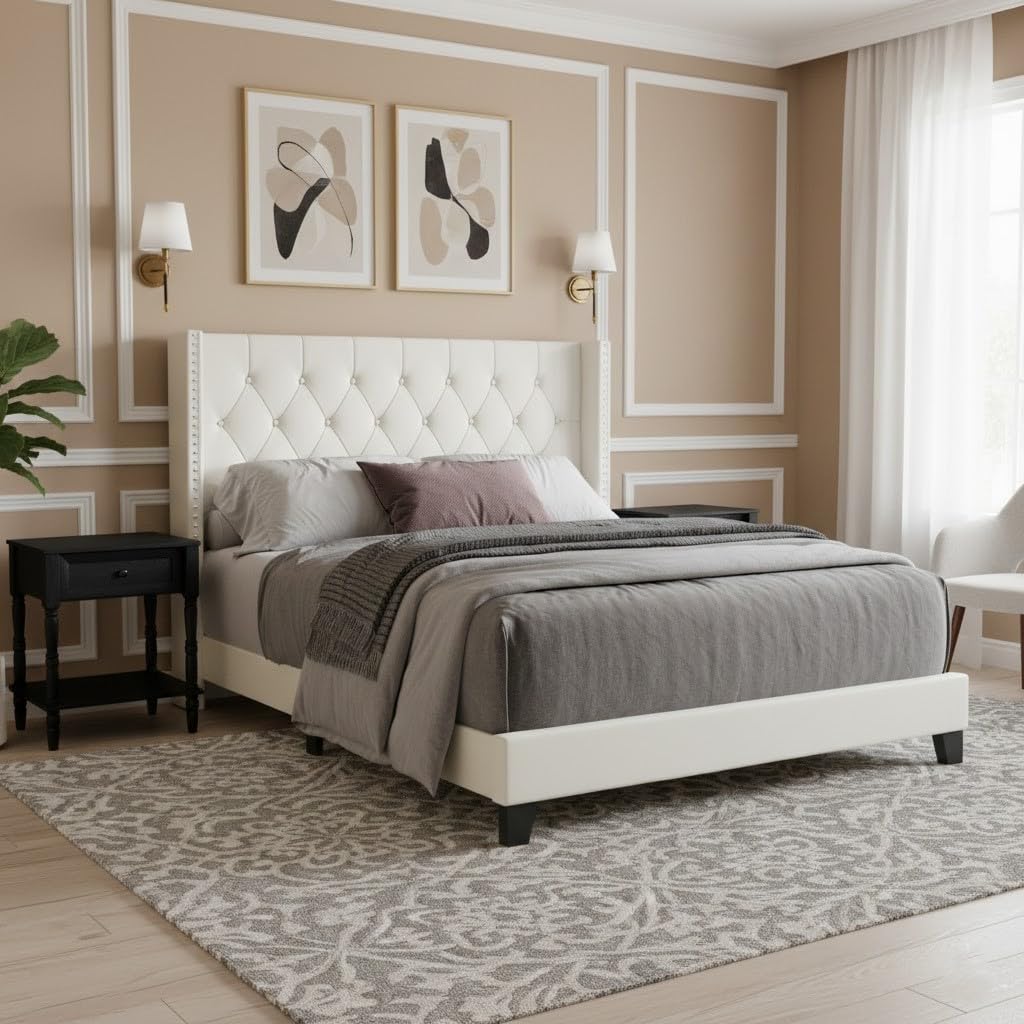 HOME DESIGN Homer King Tufted Wingback Upholstered Panel Bed with 2 Matching 1 Drawer Nightstands, Bedroom Furniture Set with Open Shelf Storage, Light Beige Black