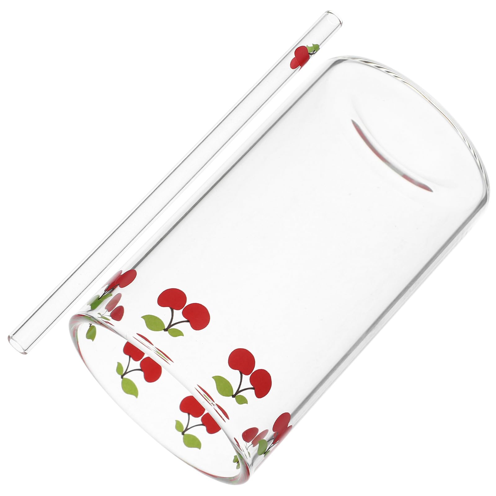 Taza de vidrio transparente con cerezas HANABASS de 300ml y pajita para cafe