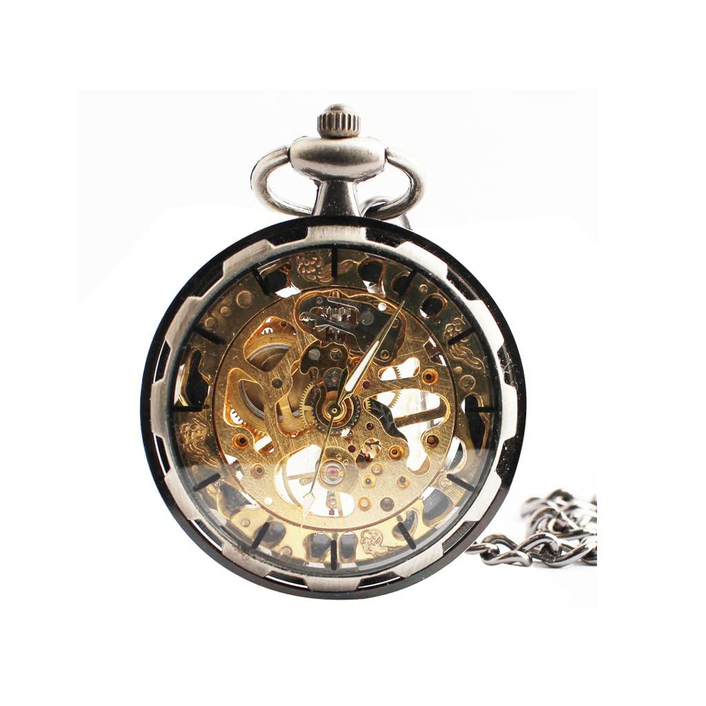 Reloj de bolsillo mecánico vintage con engranaje hueco visible y elegante espejo de cristal