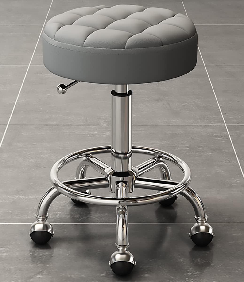 Silla giratoria de altura ajustable con ruedas y reposapiés, color gris oscuro, ideal para belleza, peluquería, estética y oficina en casa