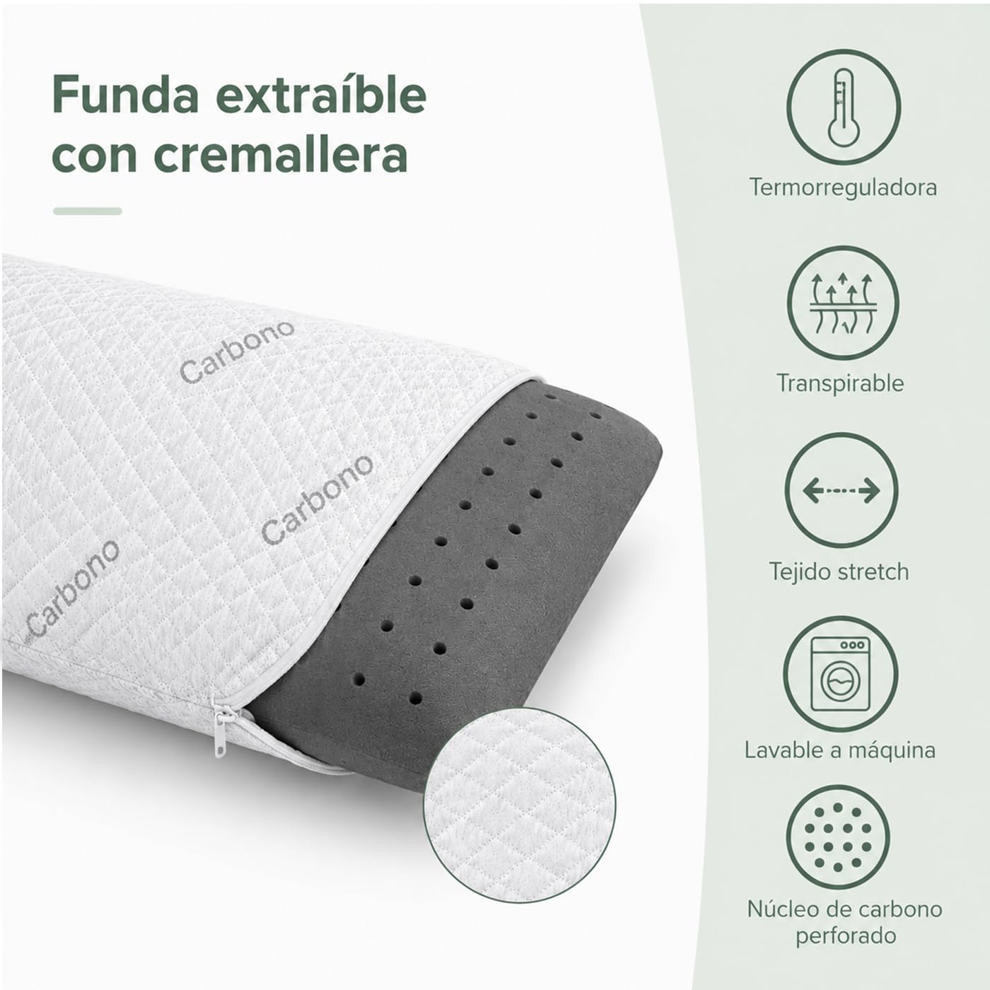 ACCRUX-Almohada Viscoelástica de Carbono núcleo 100% Viscoelástico (150cm) | Almohada de Carbono con Funda Stretch Extraíble. Antialérgica, Transpirable, Suave, Ergonómica y Máximo Confort