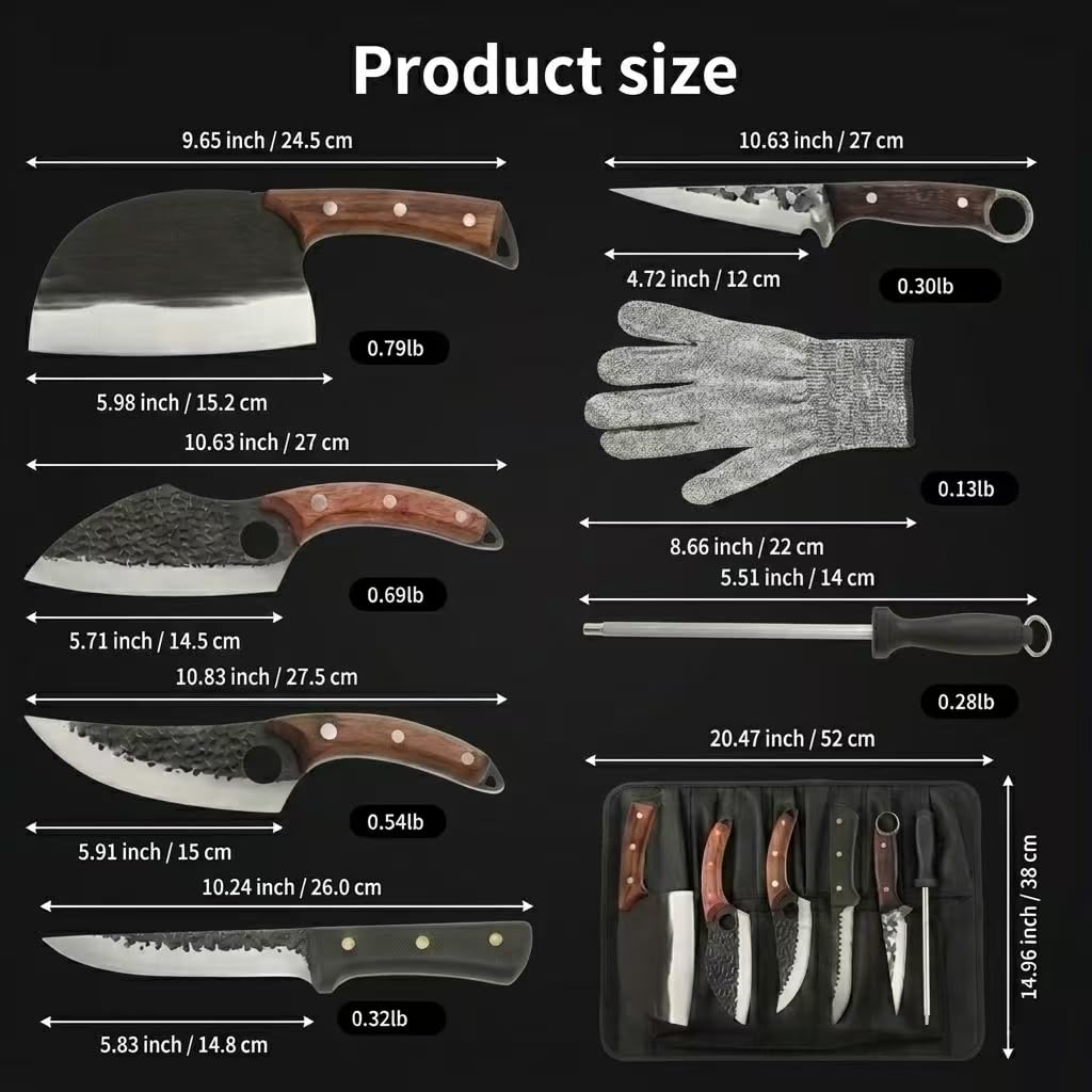 KLYTE 8-teiliges Messerset: Hackmesser & Kochmesser für BBQ | Perfektes Koch set für Männer & Grillset. Inkl. Metzgermesser, Tasche & Handschuh. Ideal als Camping Messer mit Holzgriff.