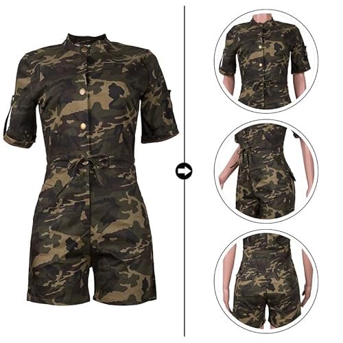 Womens Casual Camo High Waist Shorts Pants Jumpsuits V Neck Short Sleeve Button Up Rompers With Pockets Plus Size Club #TOP2