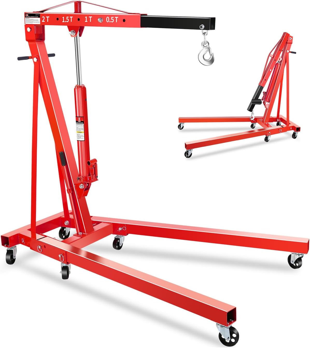 2 T Folding Engine Hoist, Hydraulic Shop Crane with 6 Swivel Wheels & Adjustable Boom (0.5 T-2 T), Heavy-Duty Cherry Picker for Garage, Workshop, Truck, Farm (Net Wt. 157 LBS)