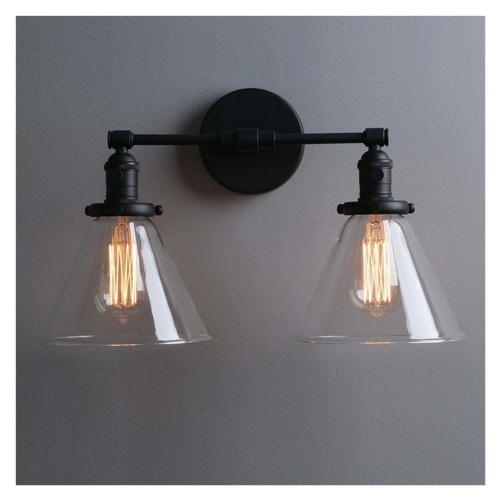CWCQGH Wall Sconces, Double Sconce Light Industrial Wall Light with Dual 7.3 Inch Cone Clear-Glass Lampshade,B