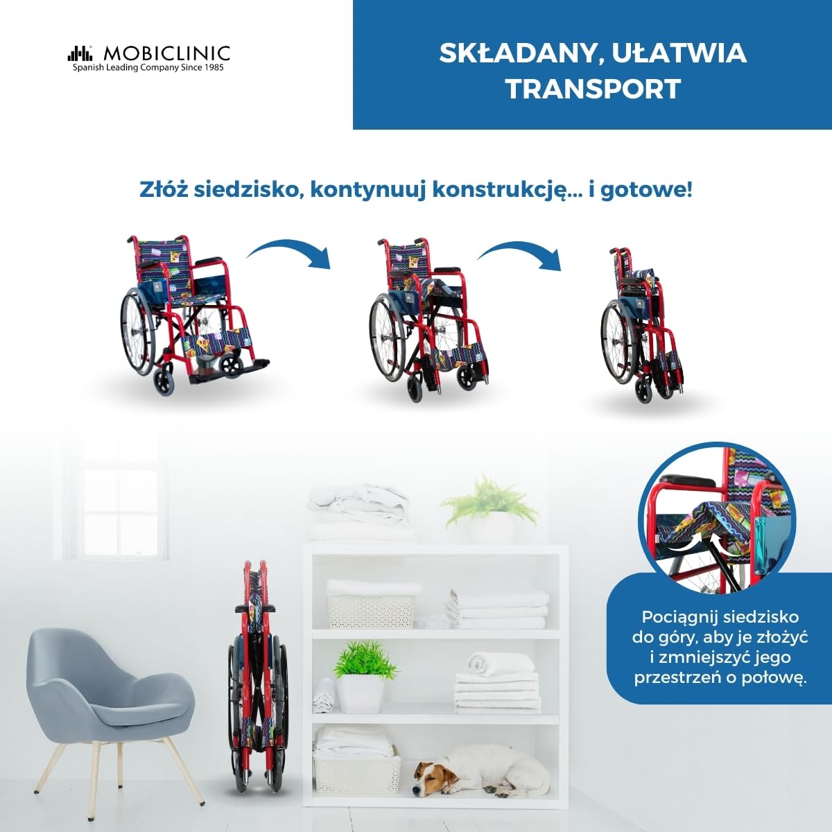 Mobiclinic, wózek inwalidzki dziecięcy, składany, hamulec na uchwytach, podnóżek i stałe ramiona, tapicerowane czerwonym nadrukiem, siedzisko, ultralekkie, model Teatro