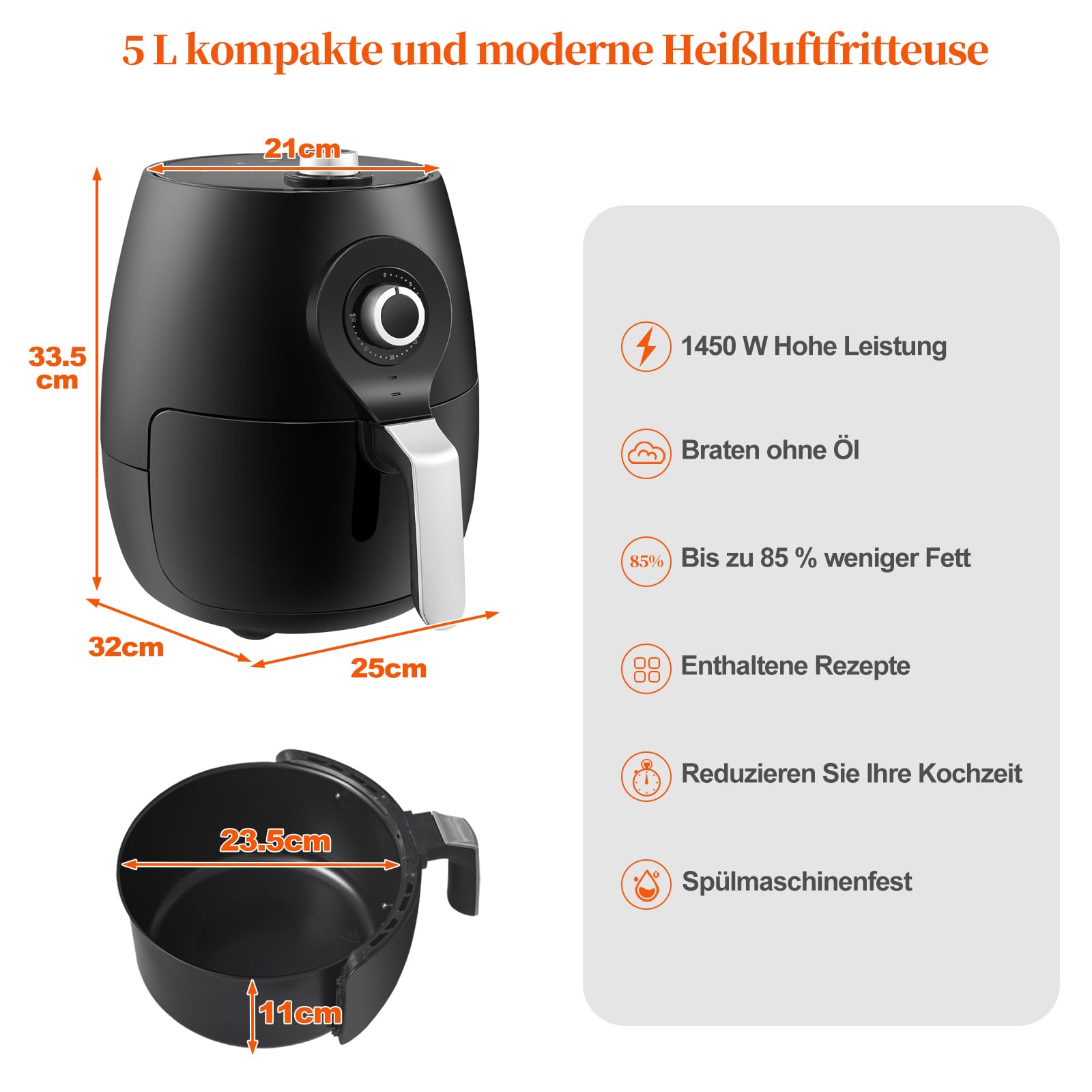 CLIPOP Freidora Digital para el Hogar con Rápida Circulación de Aire, 5L Freidora Grande sin Aceite y Baja en Grasa, Temporizador de 30 Minutos y Control de Temperatura, Cesta Antiadherente