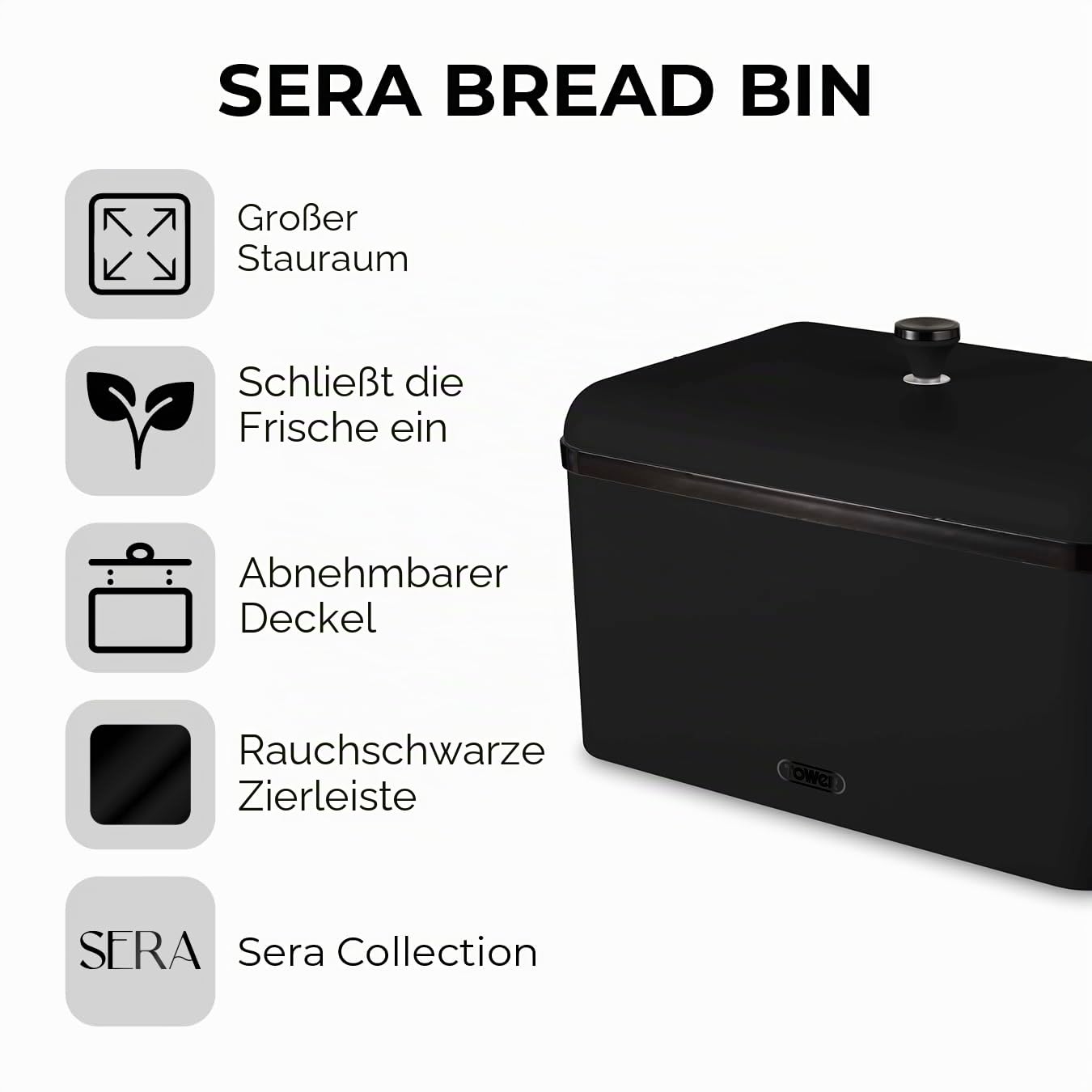 Tower T826136BLK Sera Brotkasten, schwarz und geräucherter Rand, Edelstahl