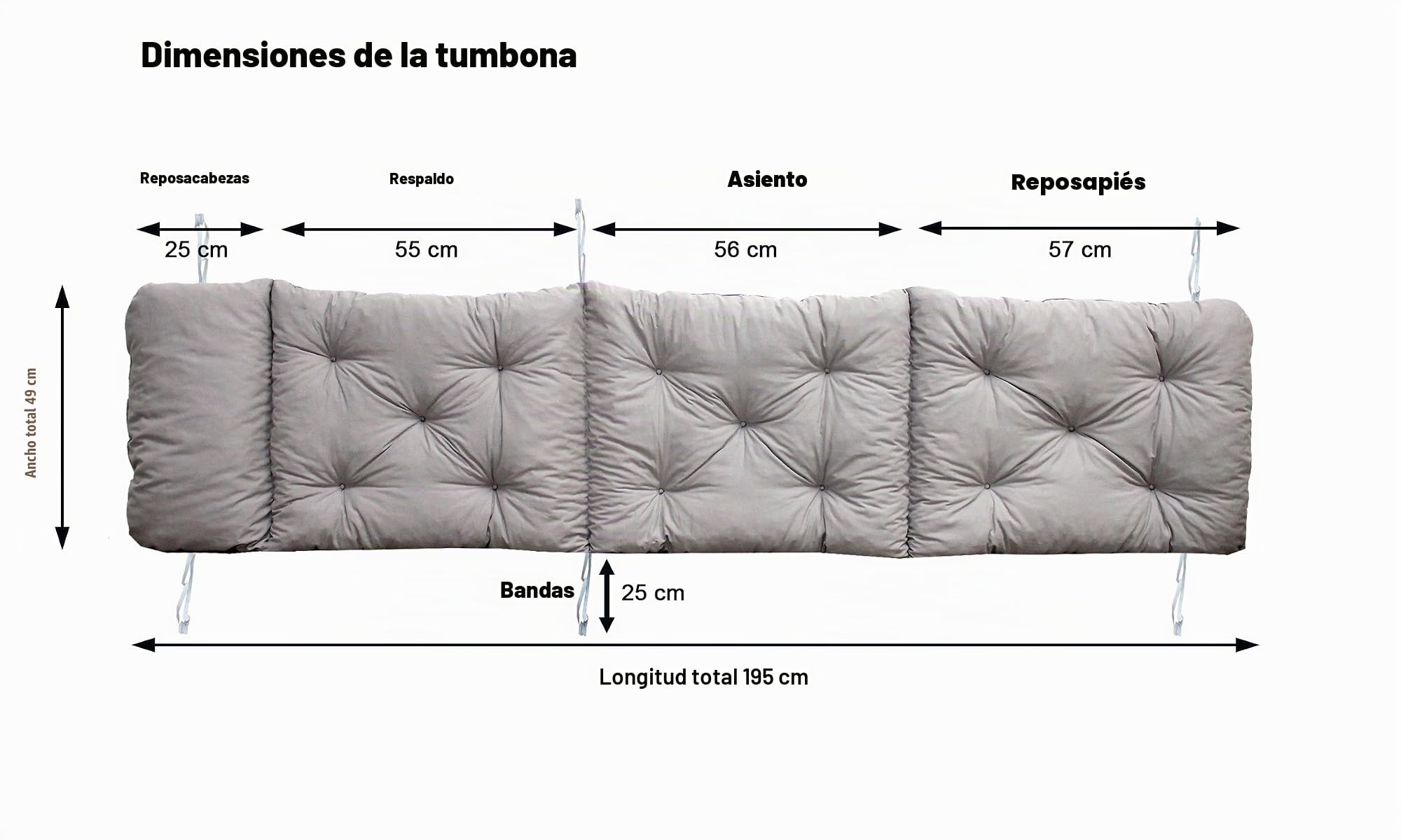 Cojín para Tumbona, Gris, Aprox. 195 x 49 x 8 cm, cojín, Almohada