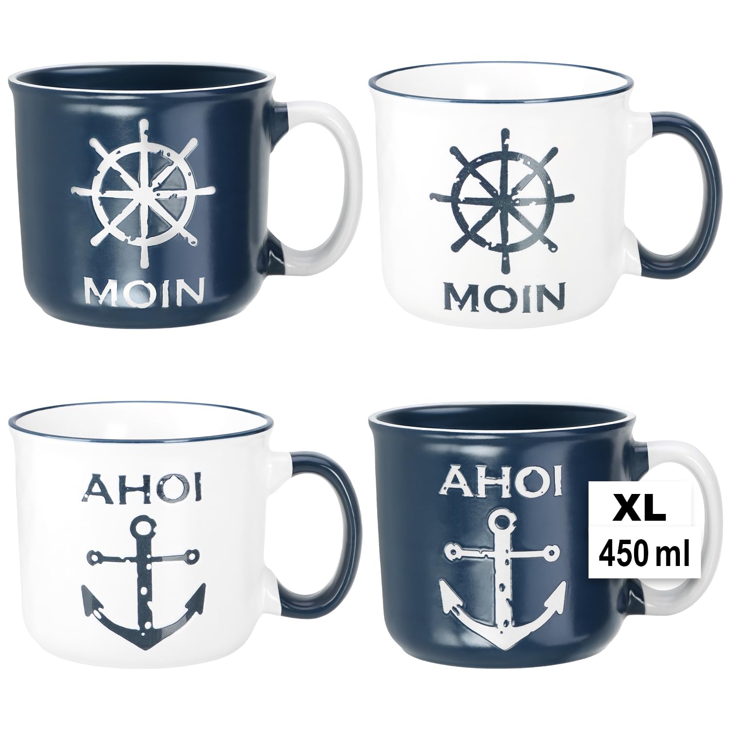 com-four® 4x XL Kaffeebecher aus Keramik - 450 ml Trinkbecher - Maritime Kaffeetassen für zu Hause und Büro - Kaffeepott für Kalt- und Heißgetränke (4 Stück - weiß/blau)