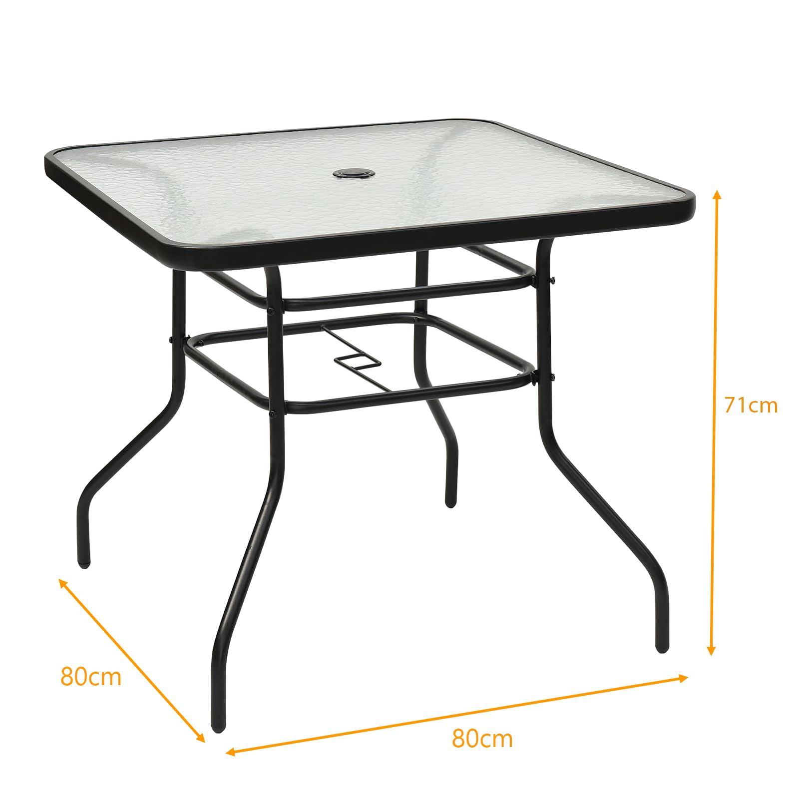 COSTWAY Gartentisch quadratisch, 80x80x71cm, Balkontisch mit Schirmloch, Terrassentisch mit Tischplatte aus gehärtetem Glas, Outdoor-Esstisch für 4 Personen, für Garten, Terrasse, Balkon