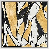 SIGNWIN Framed Canvas Wall Art Black, Gold, White Lines and Color Blocks Abstract Brushstroke Oil Painting Modern Art Chic Expressive for Living Room, Bedroom, Office - 16x16 inches