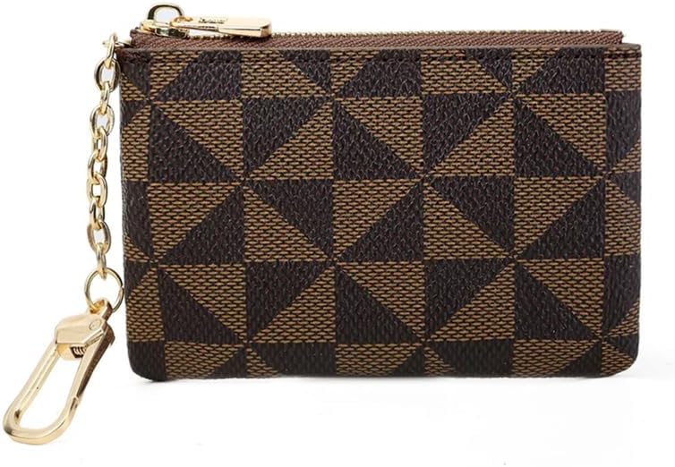 Coin Purse for Women with Keychain Small Alloy Zipper Change Purse PU Leather Coin Pouch Rectangle Card Holder Mini Triangle Print Wallet Clutch for Women Men(Coconut Brown)