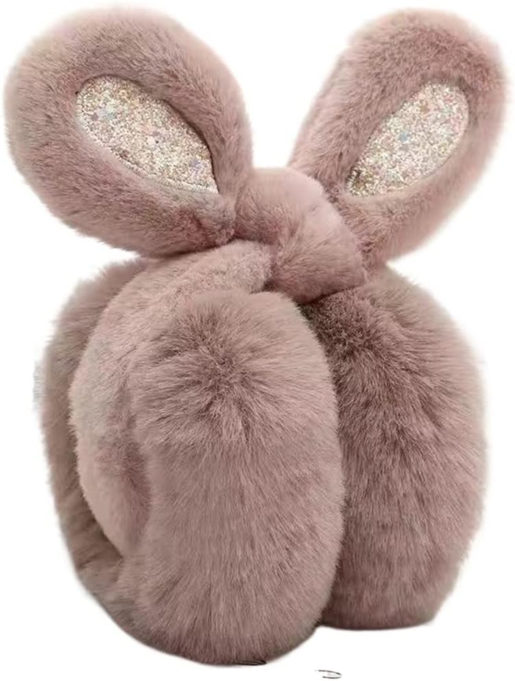 BeigeBlack Winter Earmuffs For Women Cute Rabbit Ears Warm Earflaps Thicken Furry Fold Ear Muffs Cover Protector Solid Letter(D)
