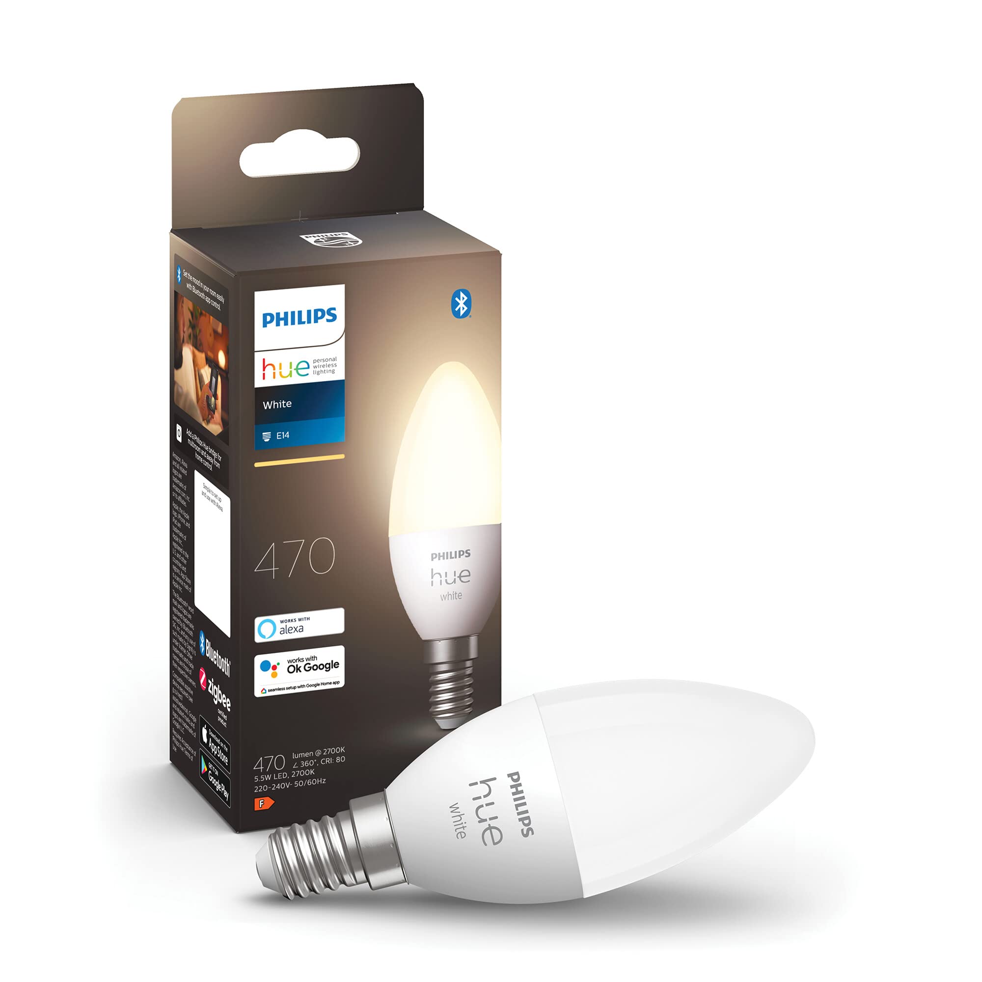 Philips Hue Philips Hue White E14 Kerze Einzelpack 470lm, dimmbar, warmweißes Licht, steuerbar via App, kompatibel mit Amazon Alexa (Echo, Echo Dot), 1er Pack