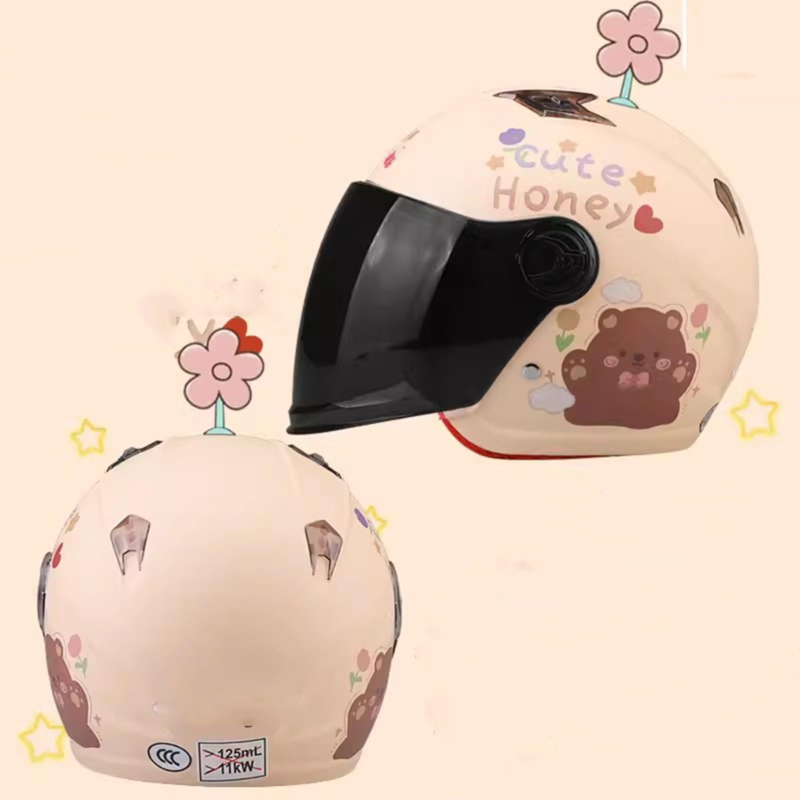 Casco De Moto para Niños Medio Casco Lindo 3/4 Cascos De Dibujos Animados De Cara Abierta Ciclomotor para Niños Y Niñas Casco para Todas Las Estaciones con Visera Solar A,50-54CM