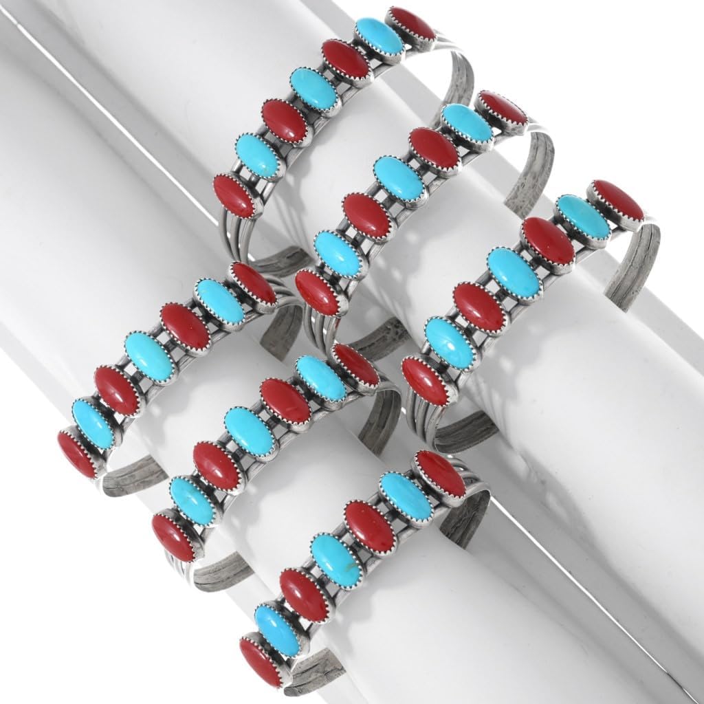 Native American Turquoise Coral Row Sterling Bracelet Sterling Three Split Band Cuff 0438