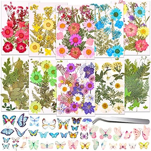 297 Pcs Dried Pressed Flowers Butterfly Stickers for Resin, Real Natural Dry Flowers Leaves Bulk with Tweezers for Art Craft Supplies Scrapbooking DIY Epoxy Resin Jewelry Candle Making Nails Décor