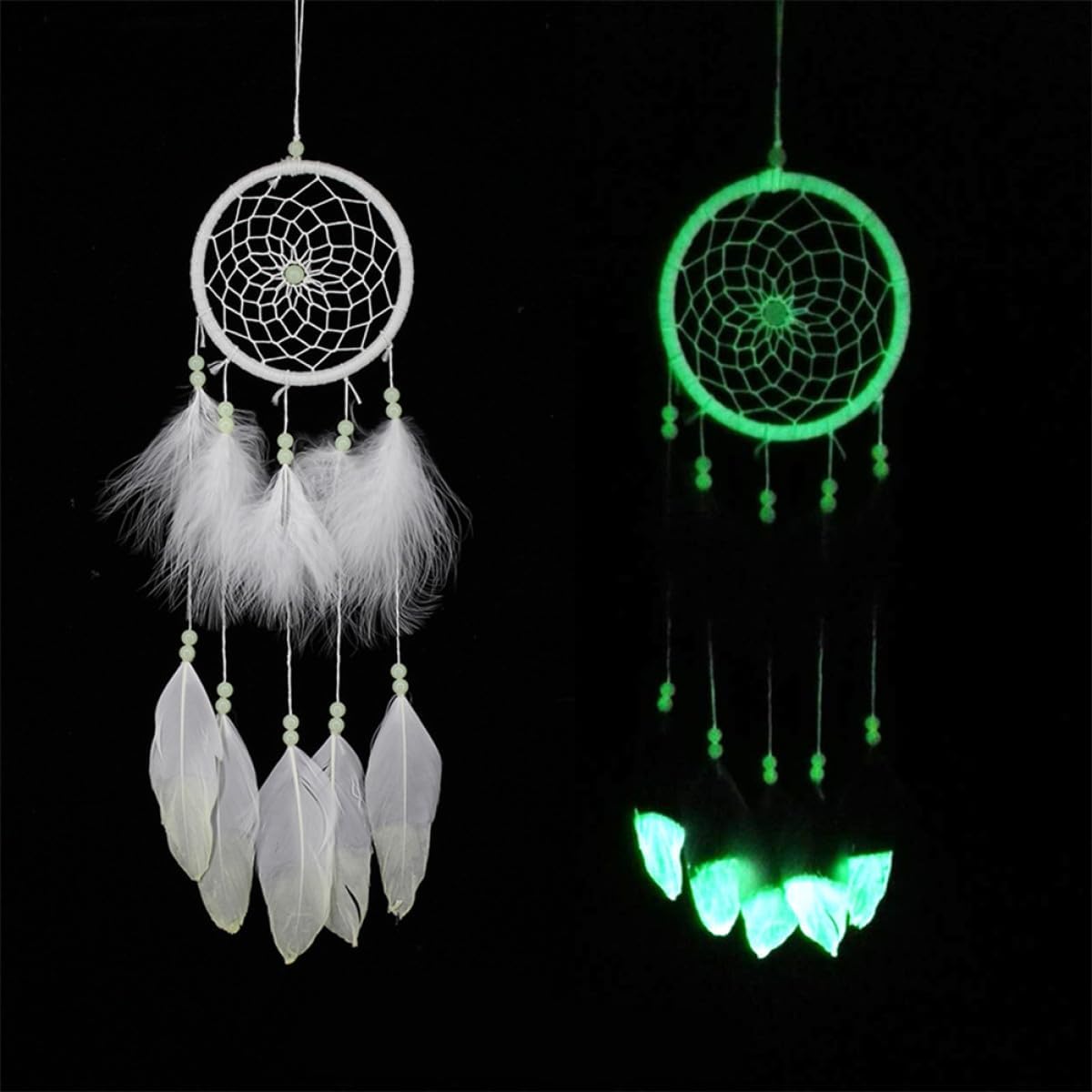 KALLORY Luminous Beads Plume Dream Catcher Handmade Wall Hanging Pendant Home Decoration for Bedroom and Car Ornament Party Décor