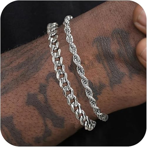 2Pcs Stainless Steel Bracelets for Men 14K Gold Plated Cuban Link Figaro Rope Silver Chain Bracelet Set Curb Width Sturdy Bracelet 7.5/8.3/9 Inches Jewelry Gifts for Dad Husband