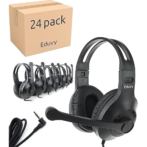 Bulk Headphones for Classroom with Microphone, Heavy-Duty School Pack Wired Headphones for Students with Rotating Boom Mic. Teacher Must Haves from Elementary to College (24 Pack Black)