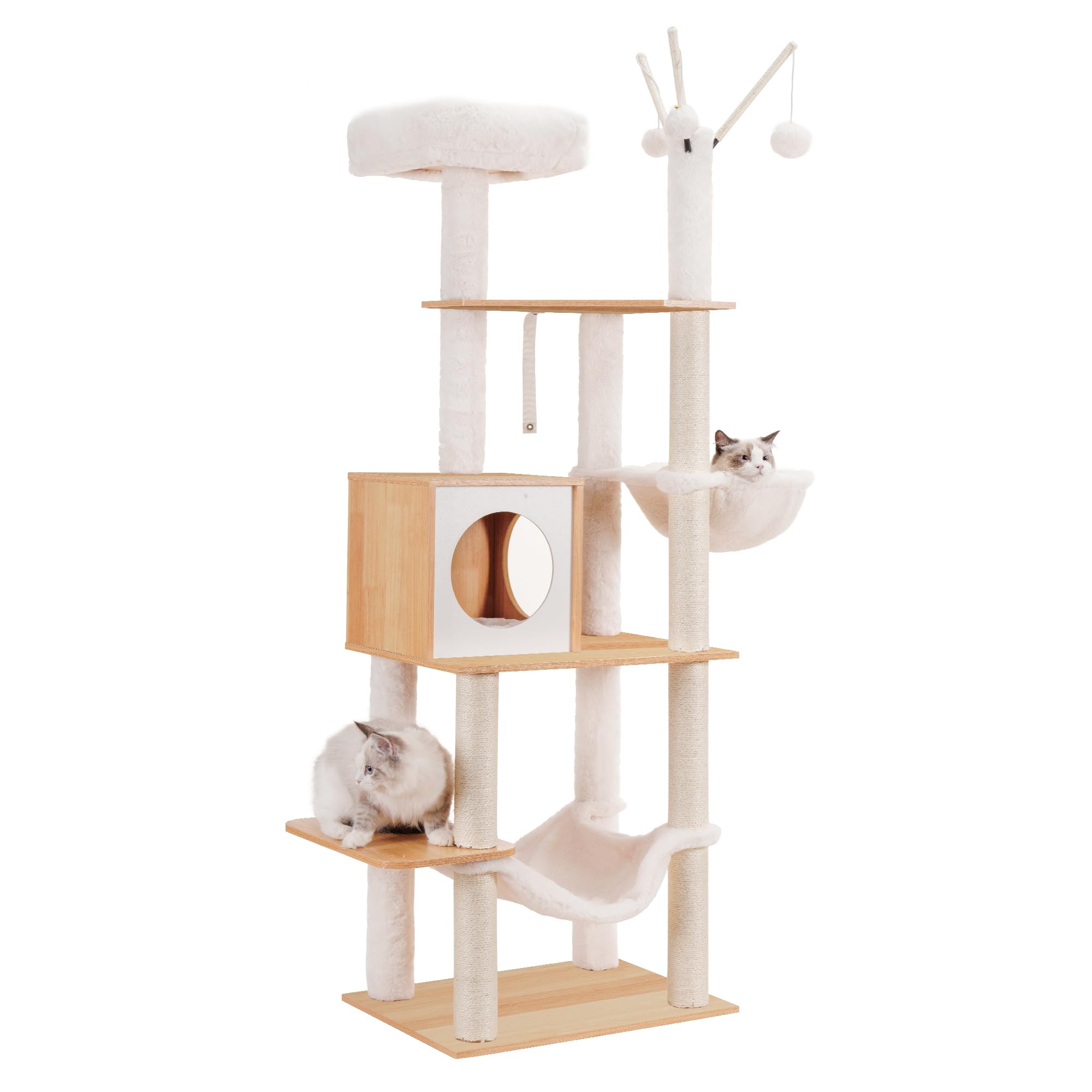 Hey-brother Wooden Cat Tree, 66.1“ Cat Furniture with Scratching Posts, Modern Cat Tower with hammocks, Toys, cat condo, Walnut MPJ120WB