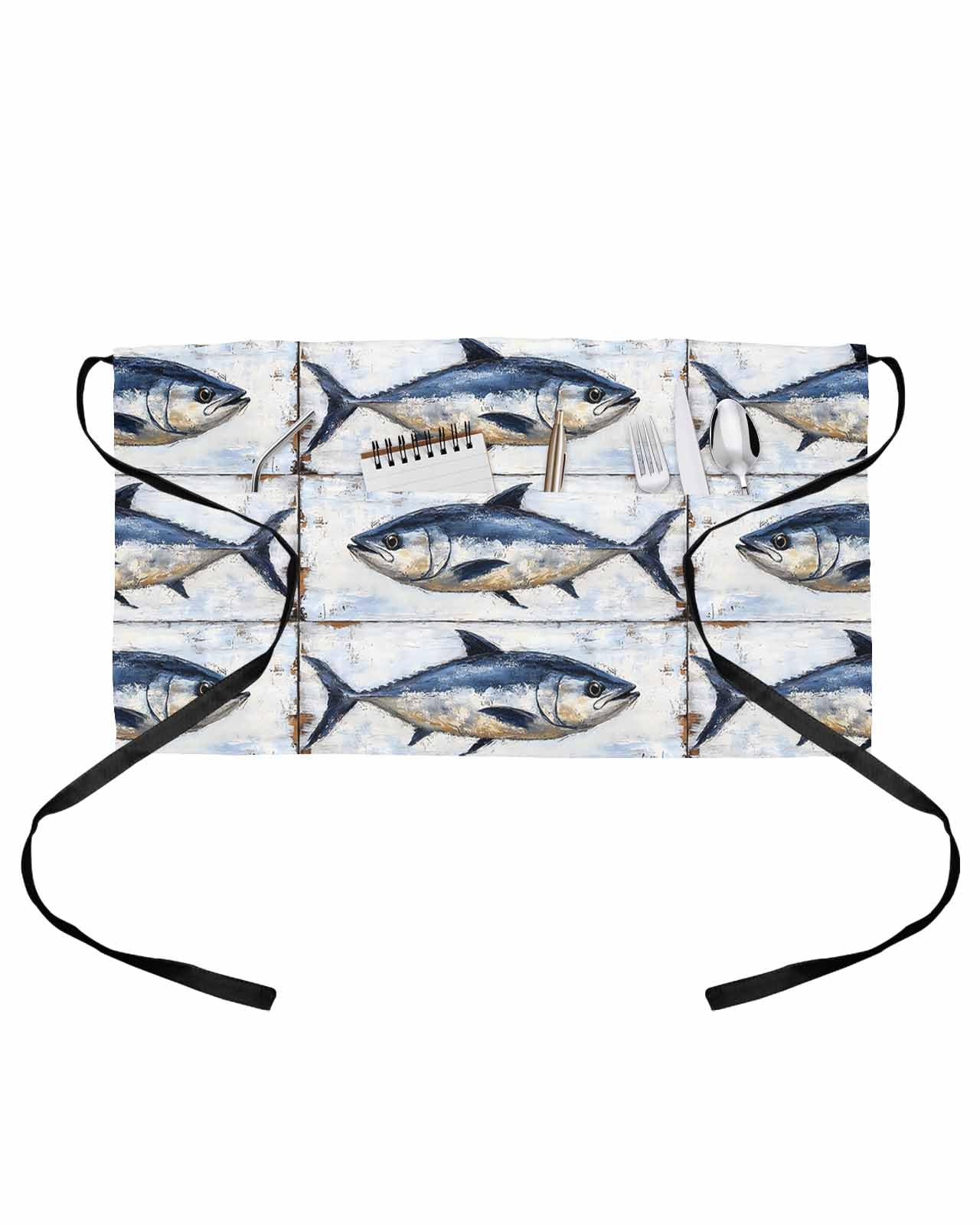 PIEPLE Coastal Fish Server Apron Waitress Aprons with 3 Pockets, Oil Painting Ocean Nautical Beach Half Waist Waiter Aprons Restaurant Chef Aprons for Women Men