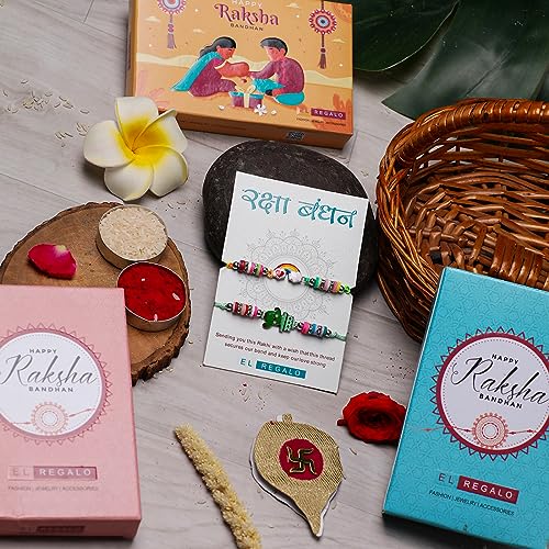 Image of El Regalo 2 PCs Cute Rakhis Set for Kids - Beautiful 2 Kids Rakhis Set for Girls & Boys with Roli Chawal, Message Card in Rakhi Gift Box for Little Brother /Niece /Nephew