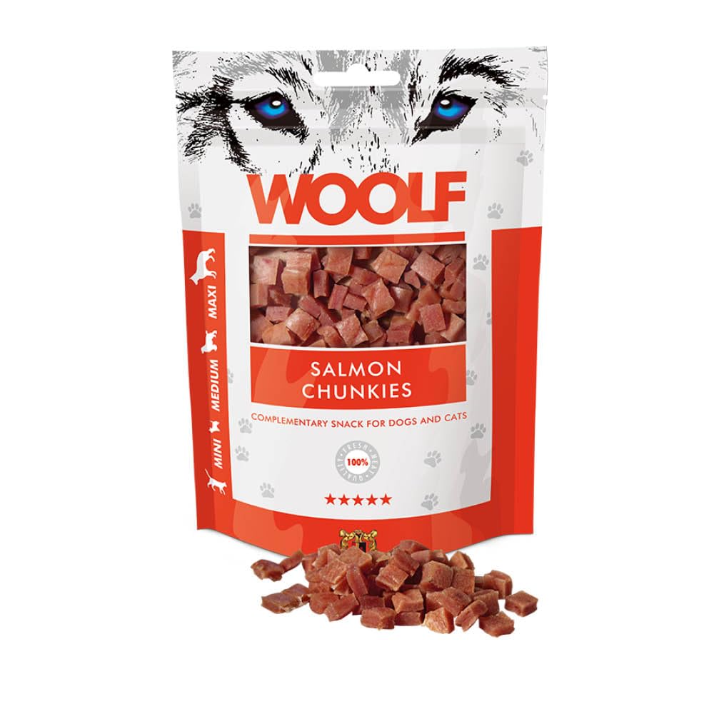 WOOLF Chunkies - Complementary Snacks for Dogs. Dog Treats with Natural Ingredients and High Meat Content, Balanced Nutrition, Free from Artificial Additives. Suitable for Puppies (Salmon, 100g)