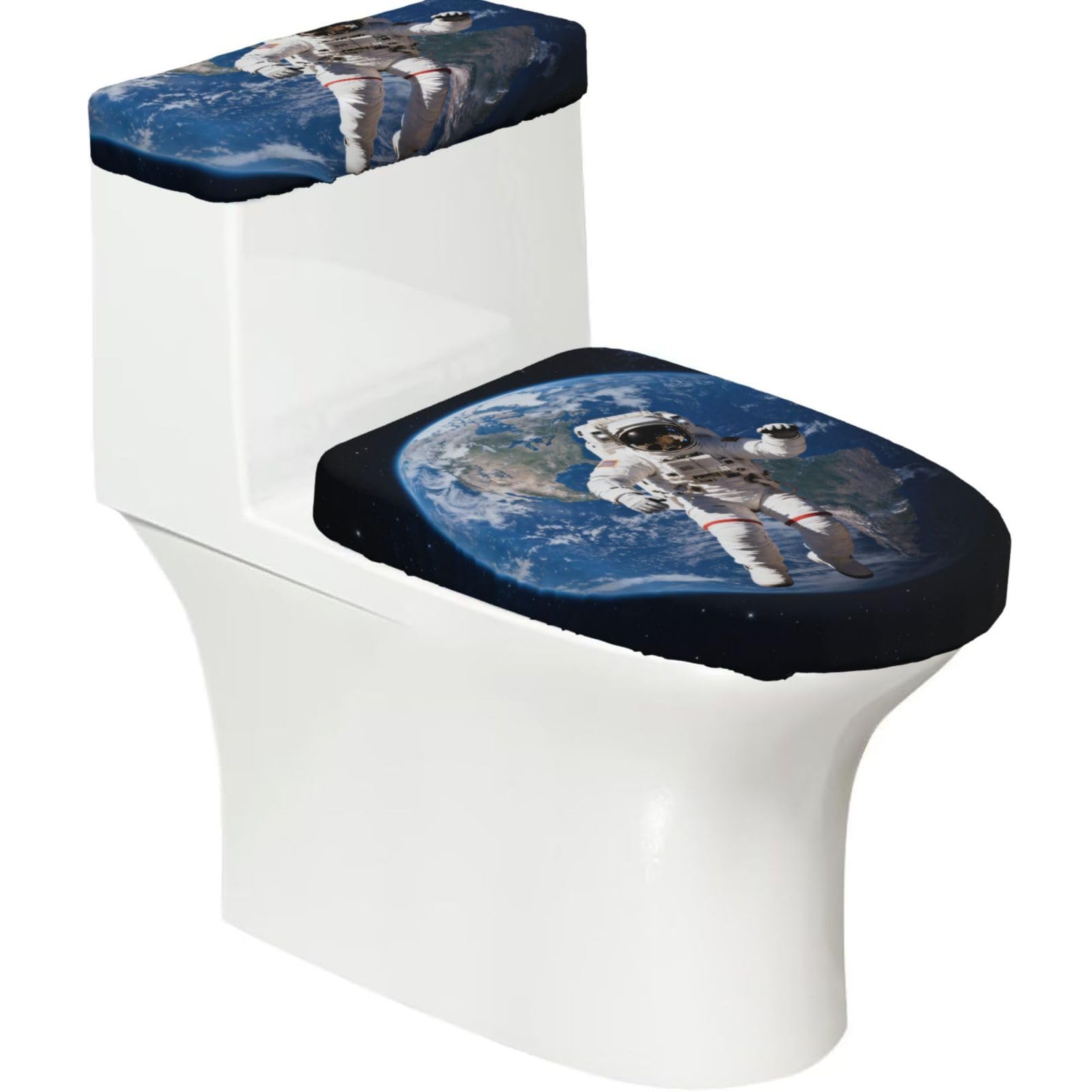 Cntdbu Black Astronaut Floating Space Stretchy Toilet Lid And Tank Cover Set-Soft Elastic Bathroom Decor For U Shape Oval