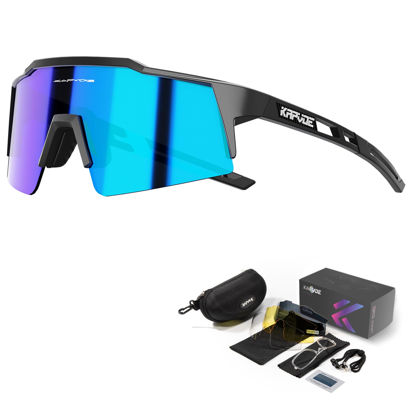 KAPVOE Polarisiert Fahrradbrille mit 1 Linse oder 4 austauschbare Linse TR90 Rahmen für Herren Damen Sport MTB Radfahren K9023