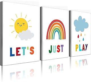 Playroom Wall Decor Kids Colorful Prints Canvas Framed Wall Art Baby Nursery Play Sign for Playroom Wall Let's Just Play Sign Posters for Bedroom Living Room Decoration Ready to Hang, 12x16in,Framed