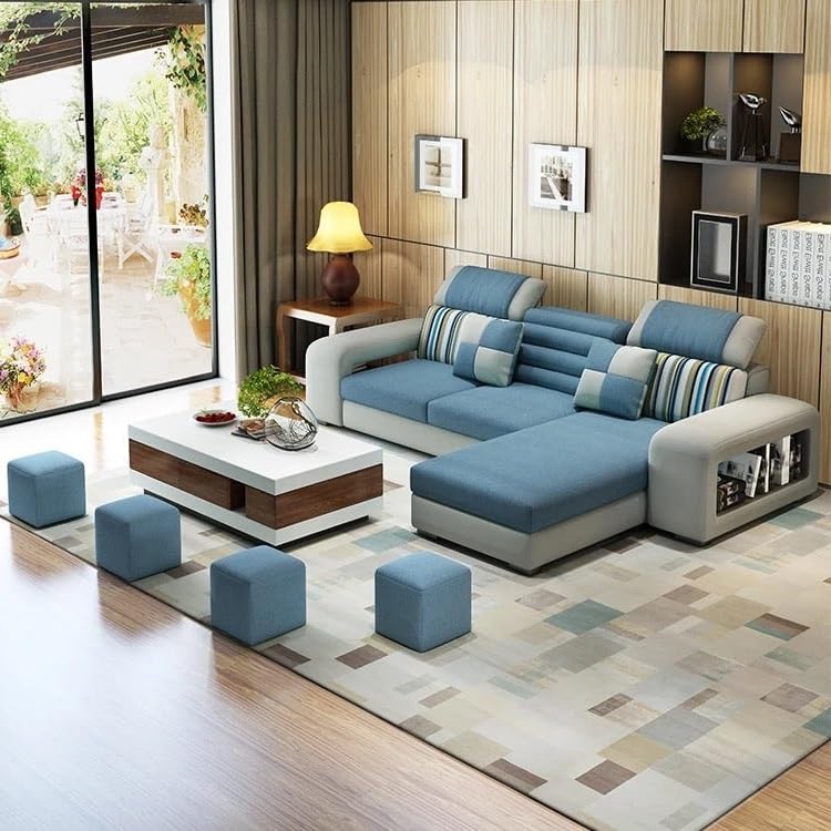 Image of Travis Modern 8 Seater L Shape Sofa Set for Living Room Blue & Light Grey RHS | 4 Ottoman with L Shape Sofa | Fabric Sofa 8 Seater for Office Festival Gifts
