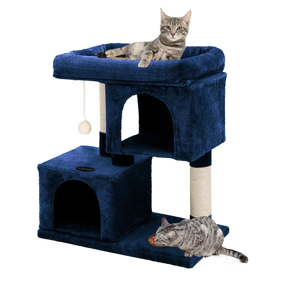 YOHOZ 33in Heavy Duty Luxury Cat Tree and Tower with Feeder Bowl, Spacious Perch, Sisal Wrapped Scratching Posts and Dual Condos Activity Centre Cat Activity Tree Furniture w/Sisal Ball | Fixing Strap