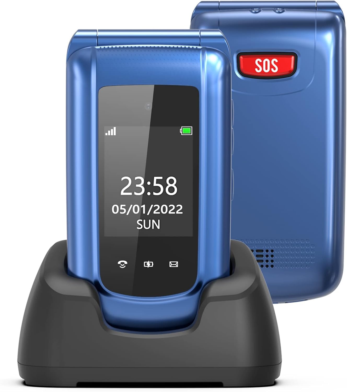 CHAKEYAKE Telefono Cellulare per Anziani con Tasti Grandi, Telefono Senior Dual SIM, Display Doppio 2.4'' + 1.77'', Volume Alto, Tasto SOS, Base di Ricarica, Fotocamera, Sbloccato, Blu
