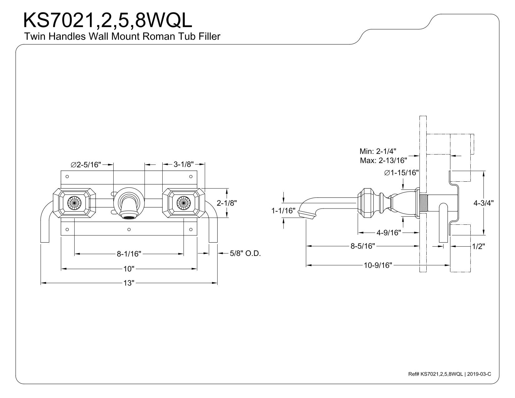 Kingston Brass KS7022WQL Llenador de bañera Romana para Montaje en Pared Central de 20,32 cm, latón Pulido, 10-7/16 inch in Spout Reach