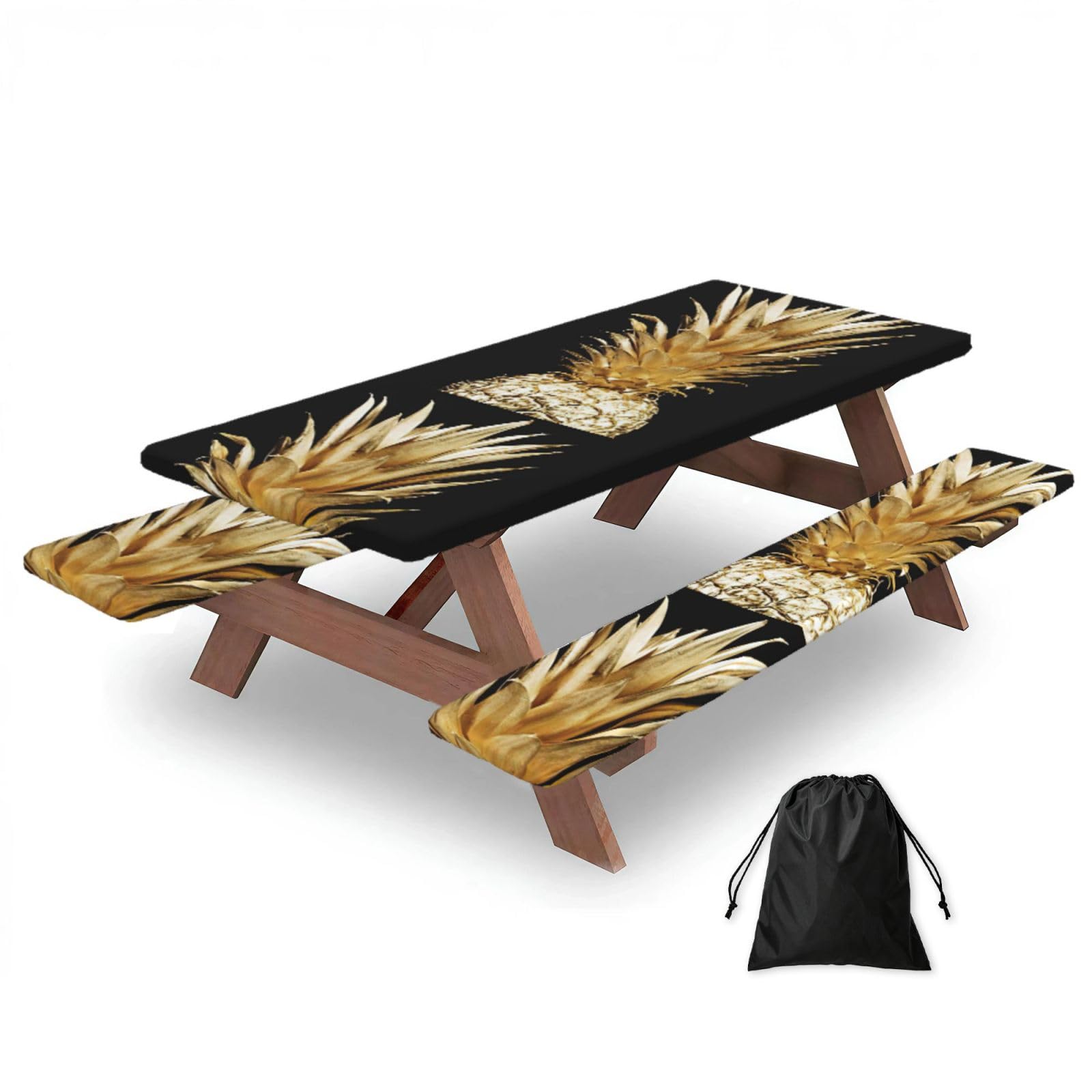 Yqxwjl Black Gold Pineapple Print Camping Essentials Waterproof Camping Table And Bench Cover With Drawstring Bag 183 Cm