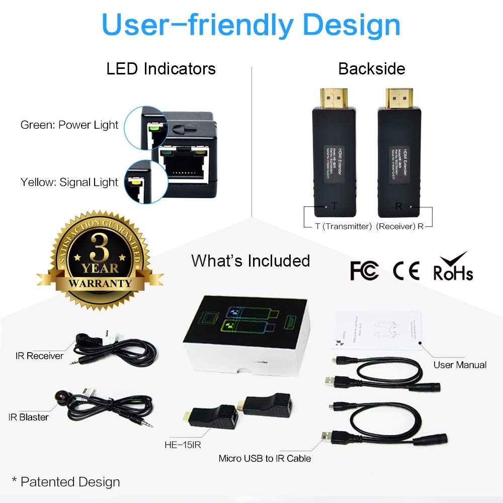 DDMALL HDMI Extender per Cavo Singolo CAT6, Nessuna latenza, Nessuna Perdita, POC, Full HD 1080P, Alimentazione USB, Facile Installazione, trasmettitore e Ricevitore 196ft 1080p Kit with IR (HE-15IR)