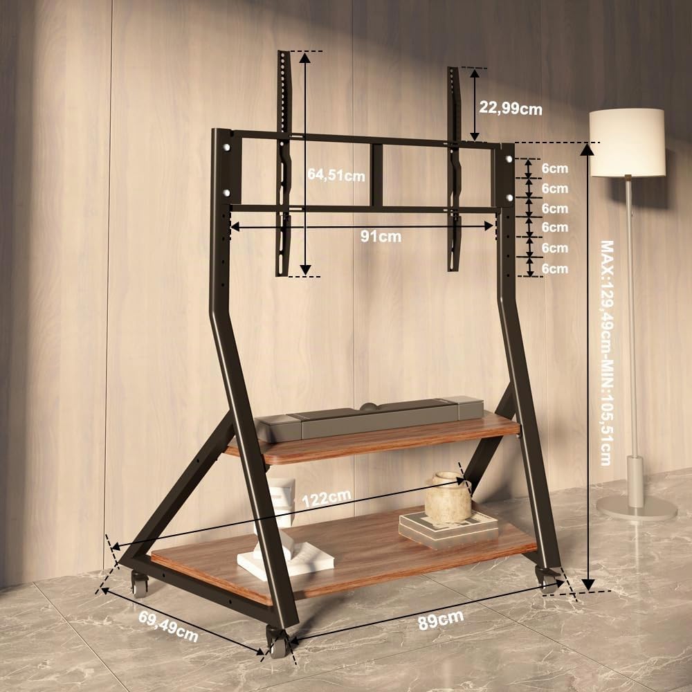 Support TV sur Pied à roulettes avec étagère en Bois pour téléviseurs de 50 à 100 Pouces, Chariot TV Noir Portable à Hauteur réglable, capacité de Charge maximale de 100 kg, VESA 800 × 600 mm.