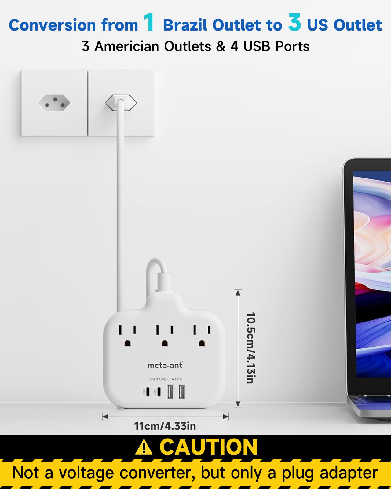 Brazil Adaptador de corriente, meta-ant Adaptador de tomacorriente para Brasil con 3 tomacorrientes americanas, 4 puertos USB (2 USB-C)